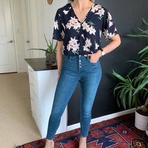Navy Floral Crop Chiffon Wrap Top Butterfly Sleeve